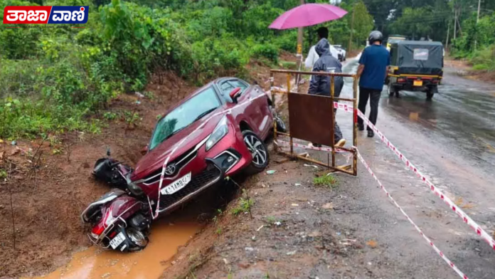 Belthangady Car-scooter collision near Maddadka; Vehicles fall into drain, riders injured!